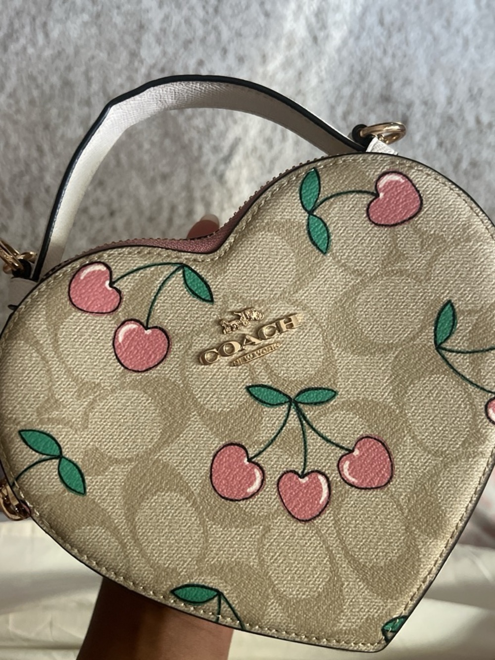 Coach Heart-Shaped Cherry Print Crossbody - Pink/Beige/Green
